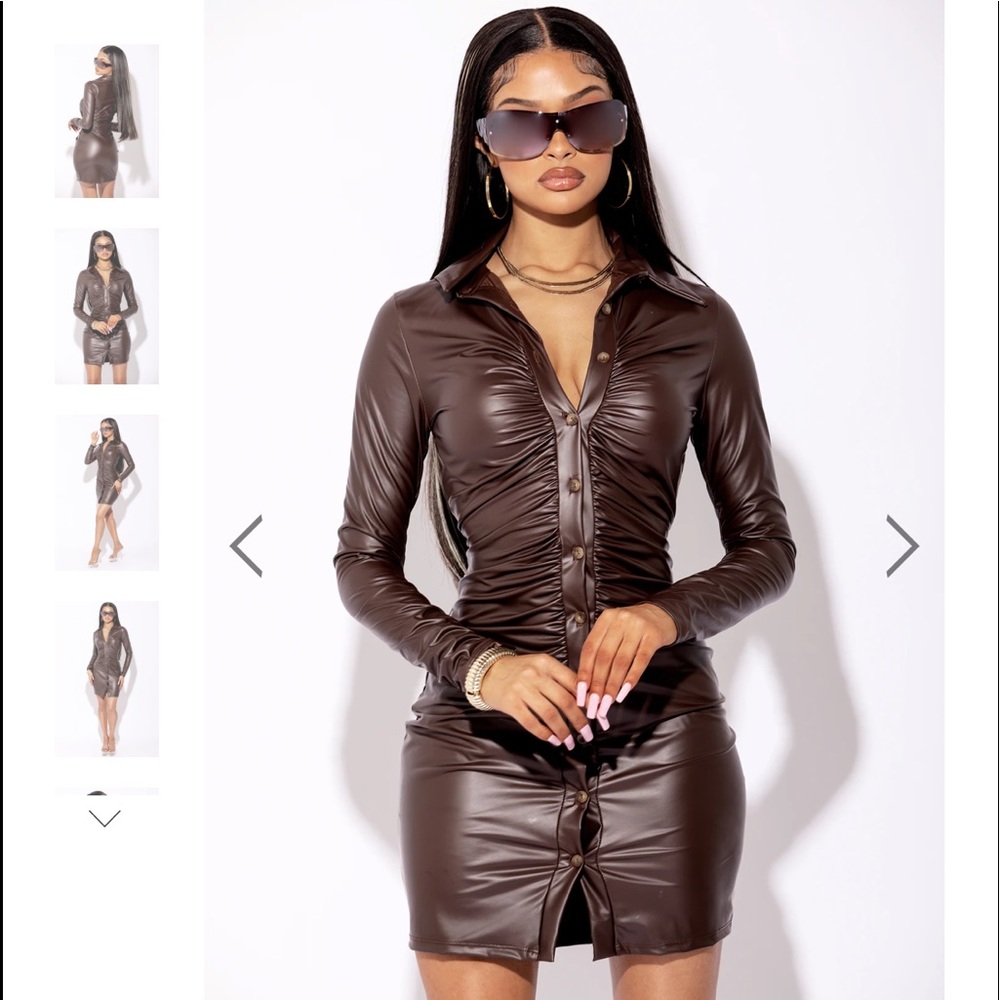 Brown Button Front Faux Leather Mini Dress